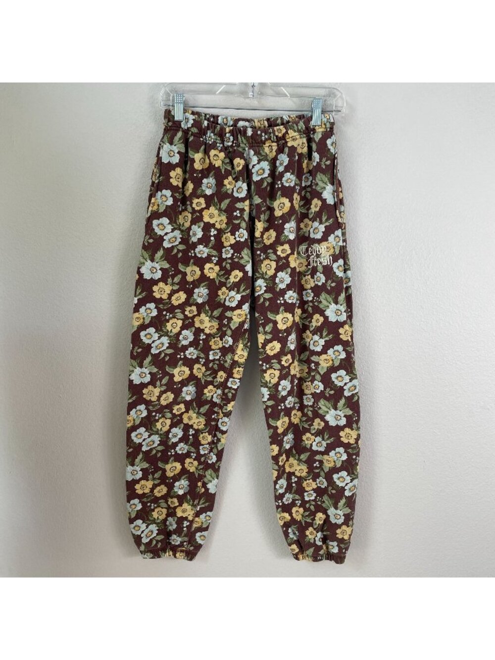 Teddy Fresh Womens Small Floral Sweatpants Brown Yellow Comfy Lounge Joggers